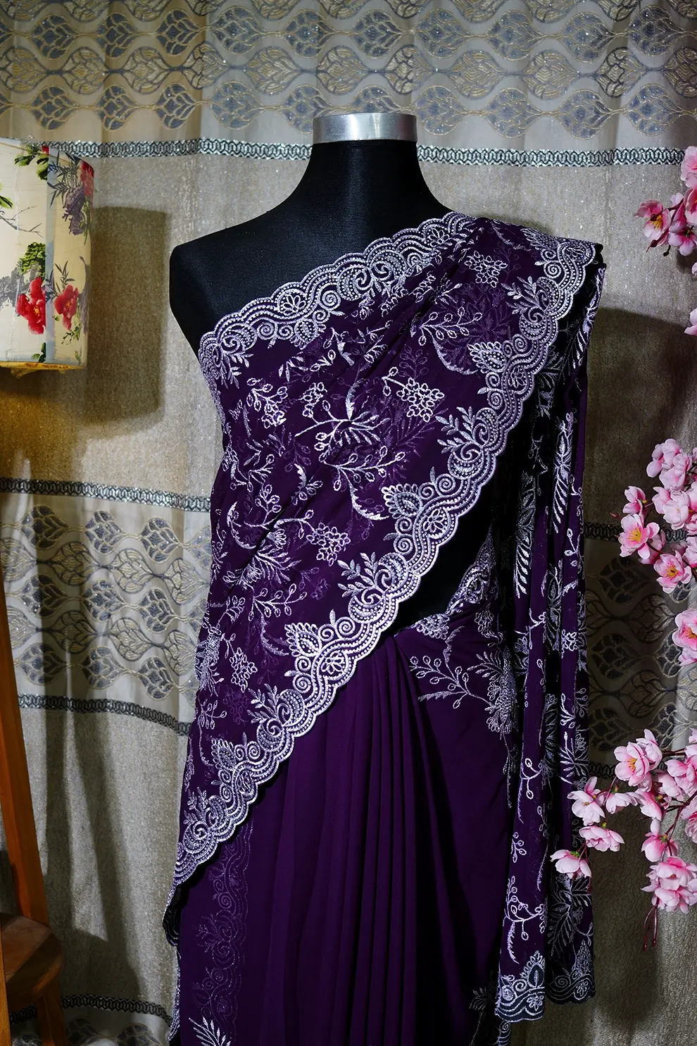 Wine Sarwaski Stone Silk Blend Saree with Embroidery